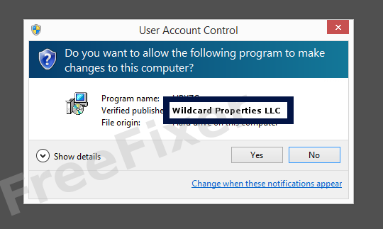 Screenshot where Wildcard Properties LLC appears as the verified publisher in the UAC dialog